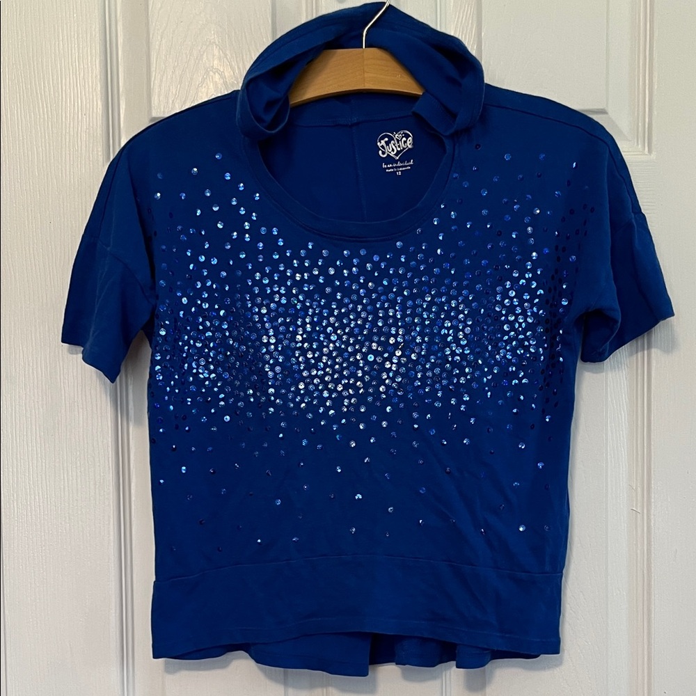 Justice Royal Blue Short Sleeve Hoodie with Blue Sequin Front